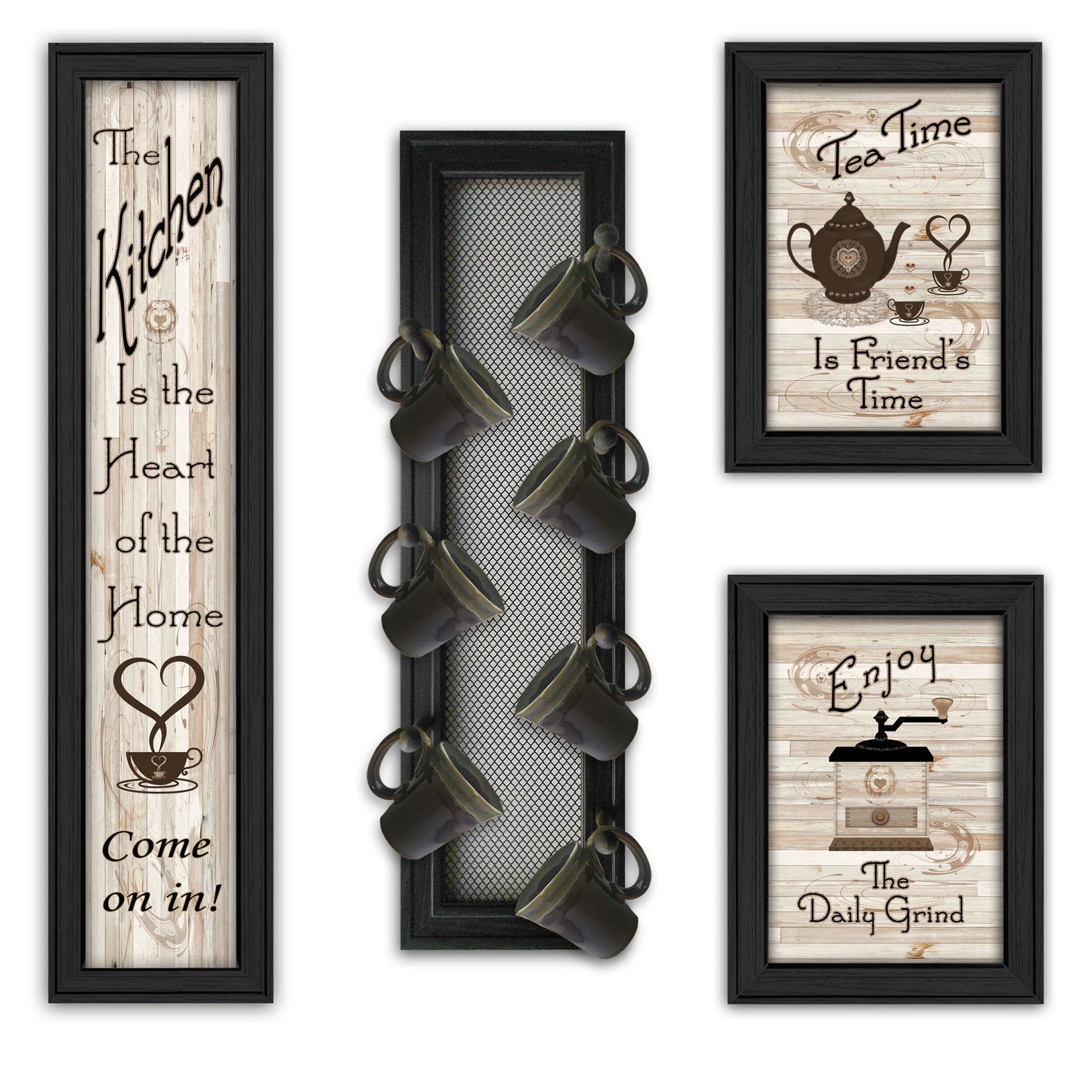 "Kitchen Collection V" 4-Piece Vignette with 7-Peg Mug Rack by Millwork Engineering, Black Frame