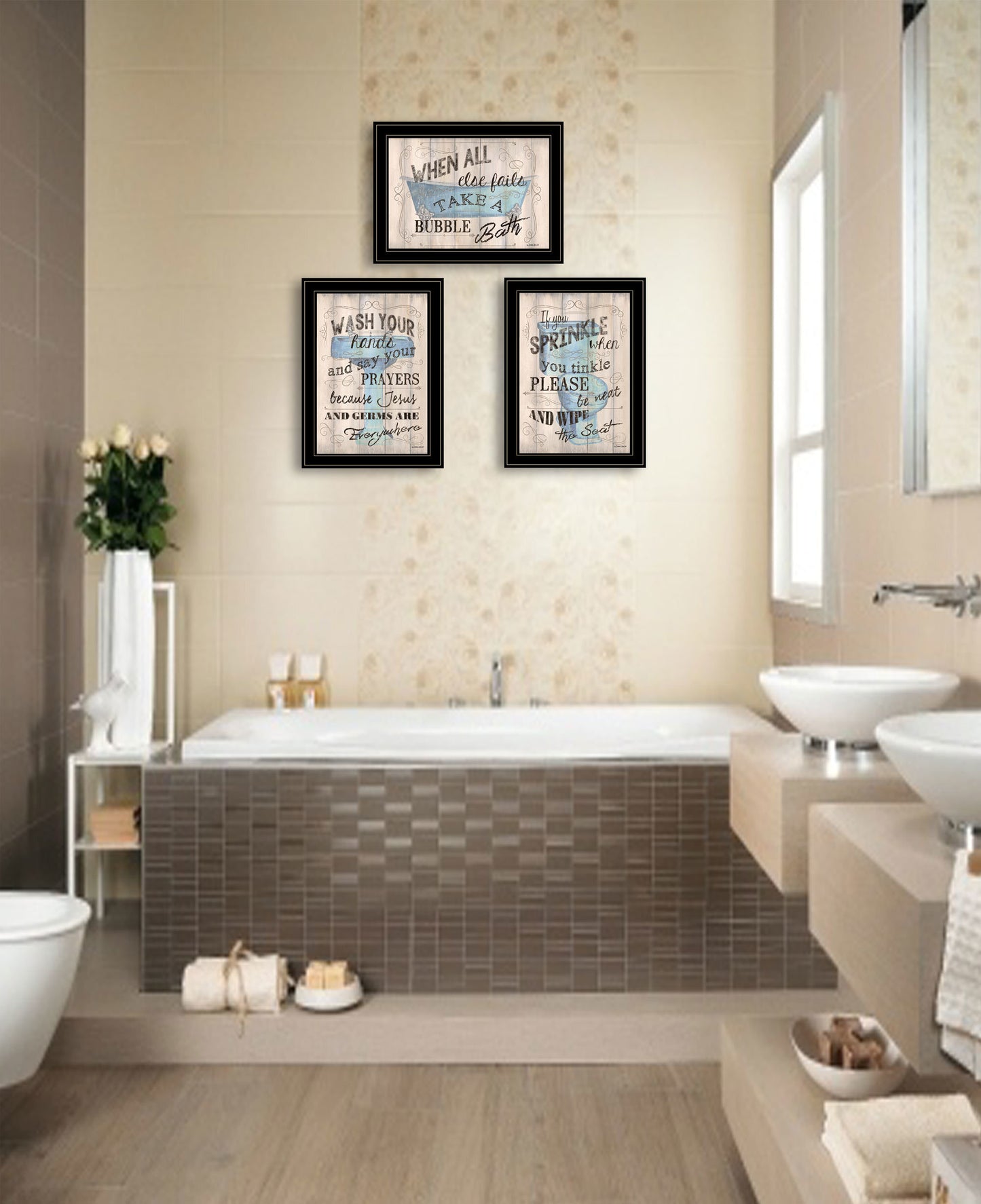 "Bathroom Humor" 3-Piece Vignette By Debbie DeWitt, Black Frame