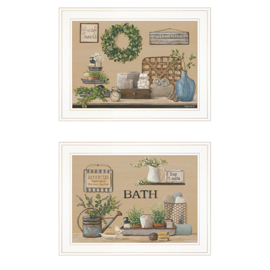 "Bath Time" 2-Piece Vignette By Pam Britton, Ready to Hang Framed Print, White Frame