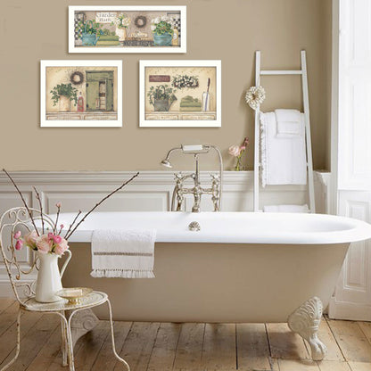 "Garden Bath Collection" 3-Piece Vignette By Pam Britton, Printed Wall Art, Ready To Hang Framed Poster, White Frame