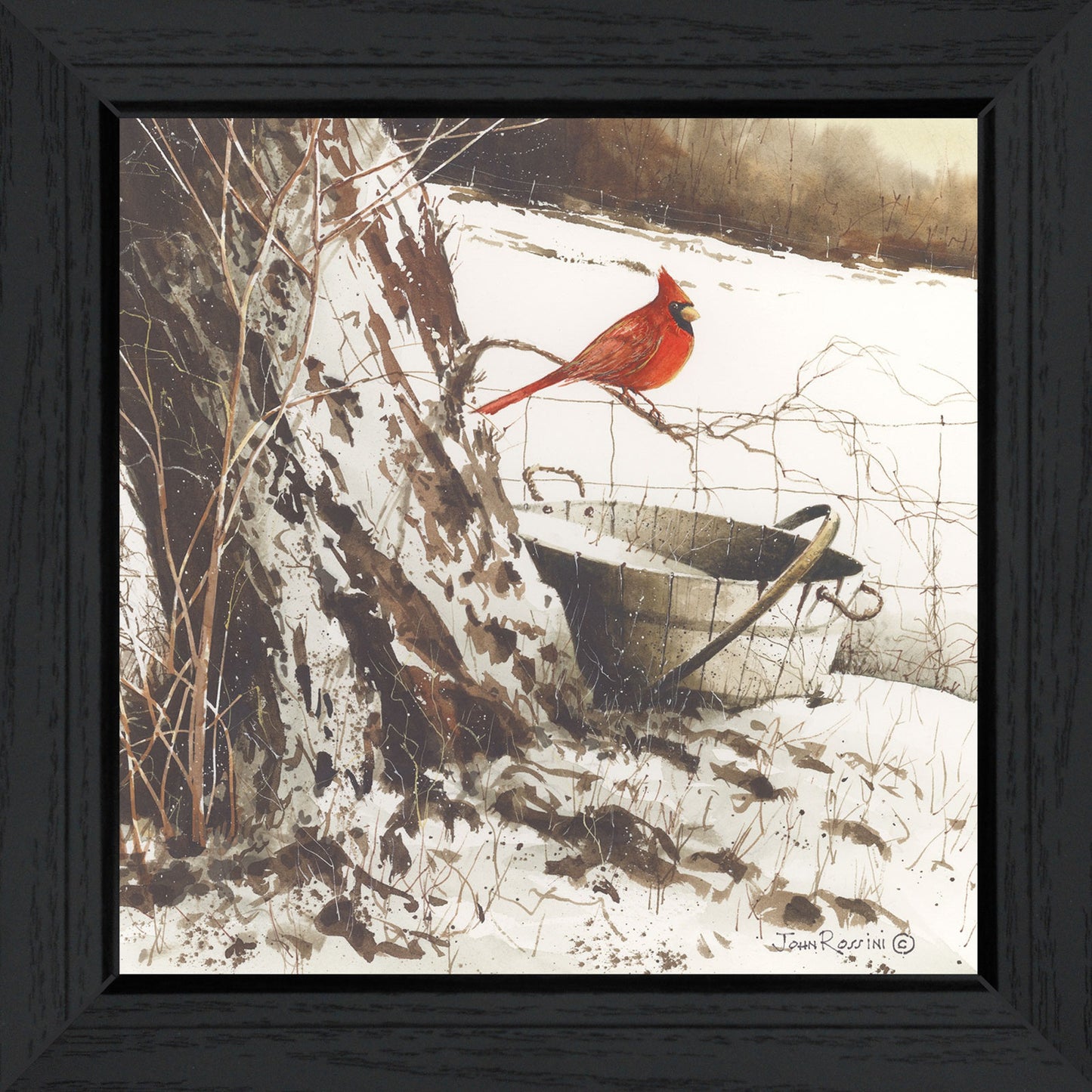 "Country Cardinal" By John Rossini, Printed Wall Art, Ready To Hang Framed Poster, Black Frame