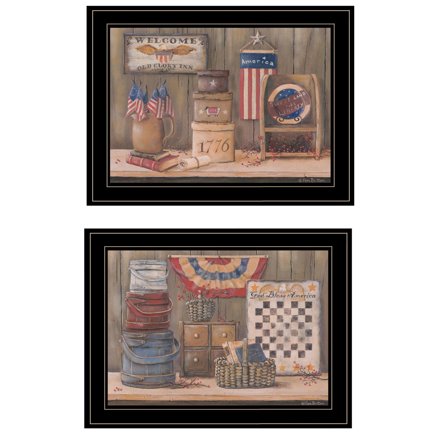 "Sweet Land of Liberty Collection" 2-Piece Vignette By Pam Britton, Ready to Hang Framed Print, Black Frame