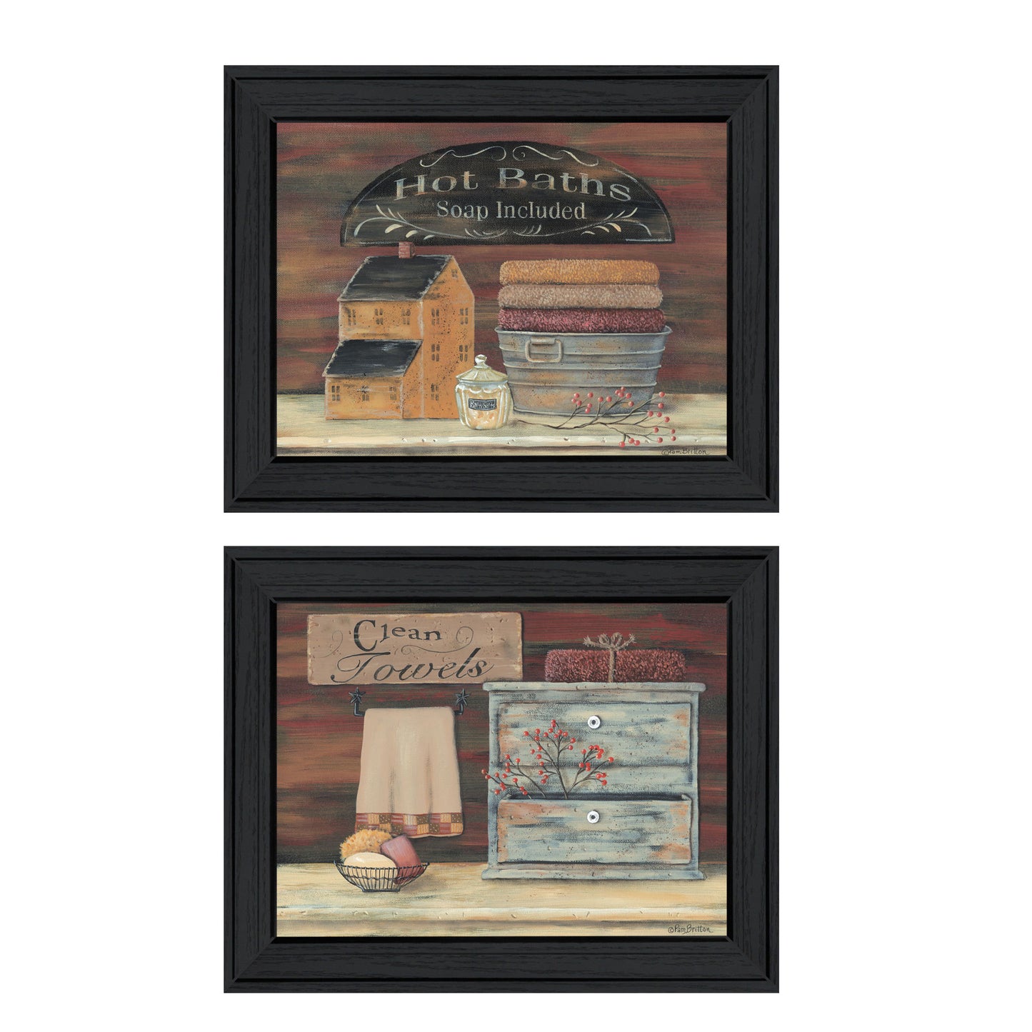 "Hot Bath / Clean Towels" 2-Piece Vignette by Pam Britton, Black Frame