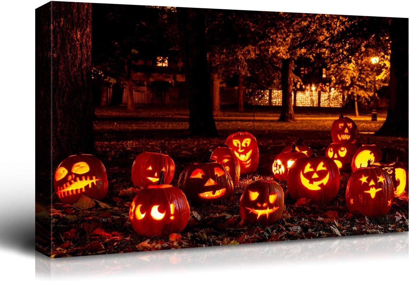 Drop-Shipping Framed Canvas Wall Art Decor Painting For Halloween, Jack-o-lanterns Groups Painting For Halloween Gift, Decoration For Halloween Living Room, Bedroom Decor-Ready To Hang