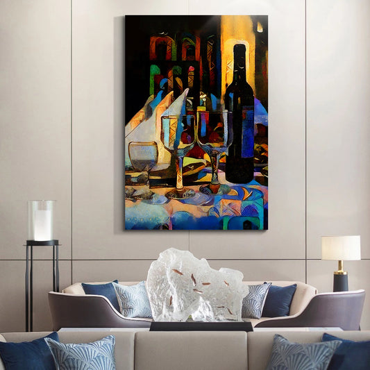 Framed Canvas Wall Art Decor Abstract Style Painting,Wine Bottle with Glasses on Bar Painting Decoration For Bar, Restrant, Kitchen, Dining Room, Office Living Room, Bedroom Decor-Ready To Hang