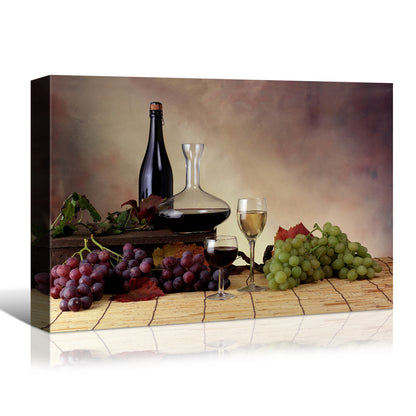 Framed Canvas Wall Art Decor Painting, Still Life Grape, and Wine Bottle Painting Decoration For Restaurant, Kitchen, Dining Room, Office Living Room, Bedroom Decor-Ready To Hang