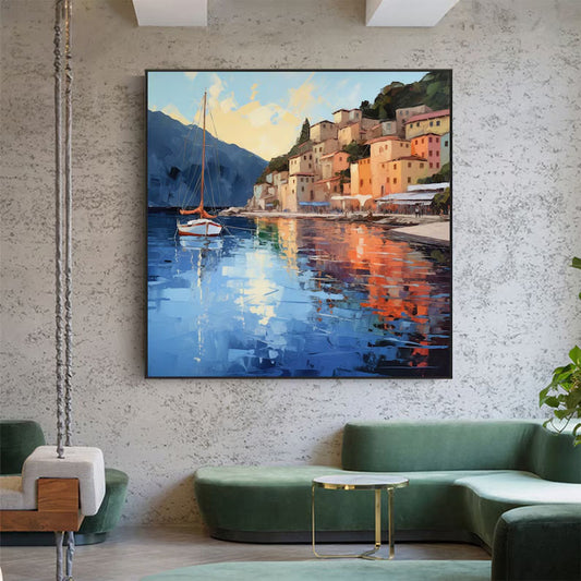 Abstract Coastal Landscape Oil Painting On Canvas Large Wall Art Original Mediterranean Art Custom Painting Blue Ocean Decor Cityscape Art