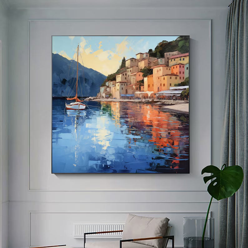 Abstract Coastal Landscape Oil Painting On Canvas Large Wall Art Original Mediterranean Art Custom Painting Blue Ocean Decor Cityscape Art