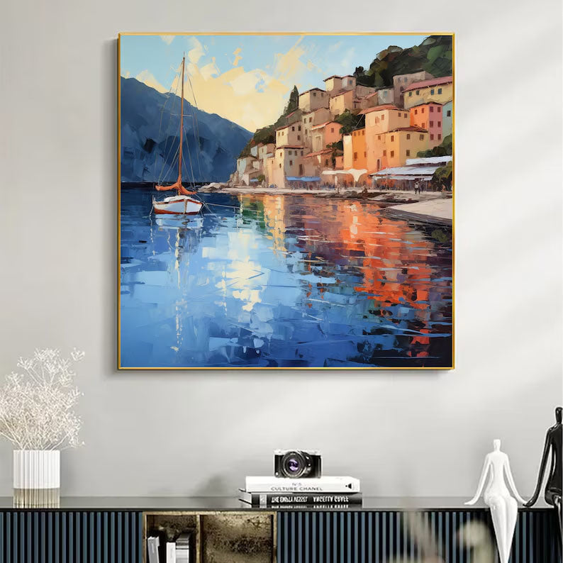 Abstract Coastal Landscape Oil Painting On Canvas Large Wall Art Original Mediterranean Art Custom Painting Blue Ocean Decor Cityscape Art