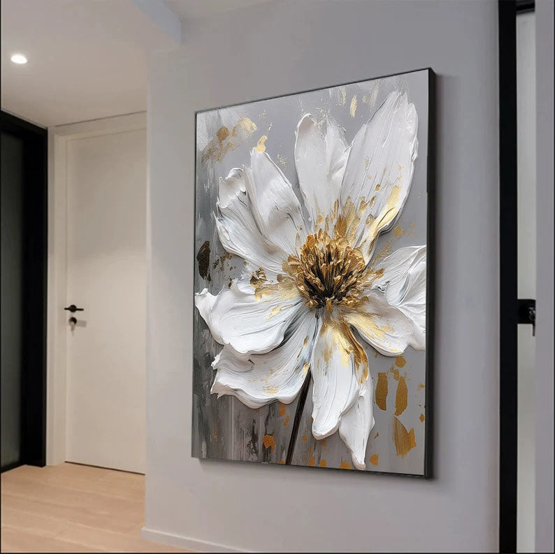 Large Original Gold Flower Oil Painting On Canvas White Flower Wall Decor Gray Flower Canvas Art Luxury Modern Handmade Floral Wall Decor