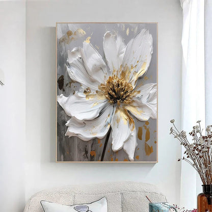 Large Original Gold Flower Oil Painting On Canvas White Flower Wall Decor Gray Flower Canvas Art Luxury Modern Handmade Floral Wall Decor