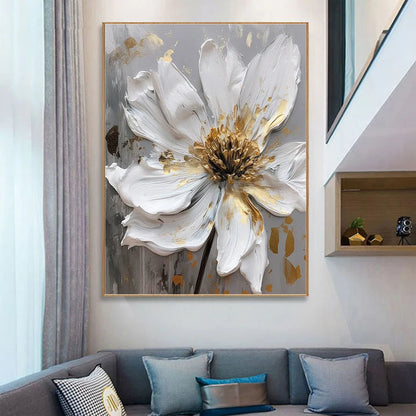 Large Original Gold Flower Oil Painting On Canvas White Flower Wall Decor Gray Flower Canvas Art Luxury Modern Handmade Floral Wall Decor