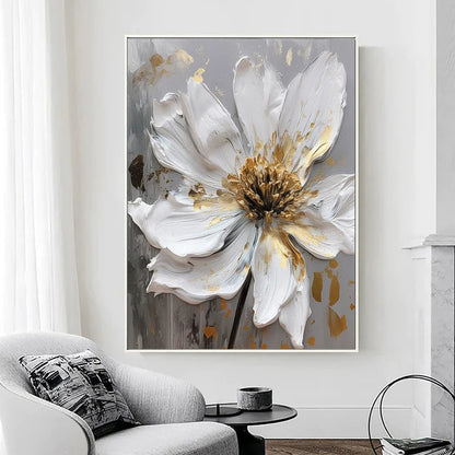 Large Original Gold Flower Oil Painting On Canvas White Flower Wall Decor Gray Flower Canvas Art Luxury Modern Handmade Floral Wall Decor