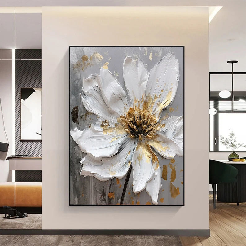 Large Original Gold Flower Oil Painting On Canvas White Flower Wall Decor Gray Flower Canvas Art Luxury Modern Handmade Floral Wall Decor