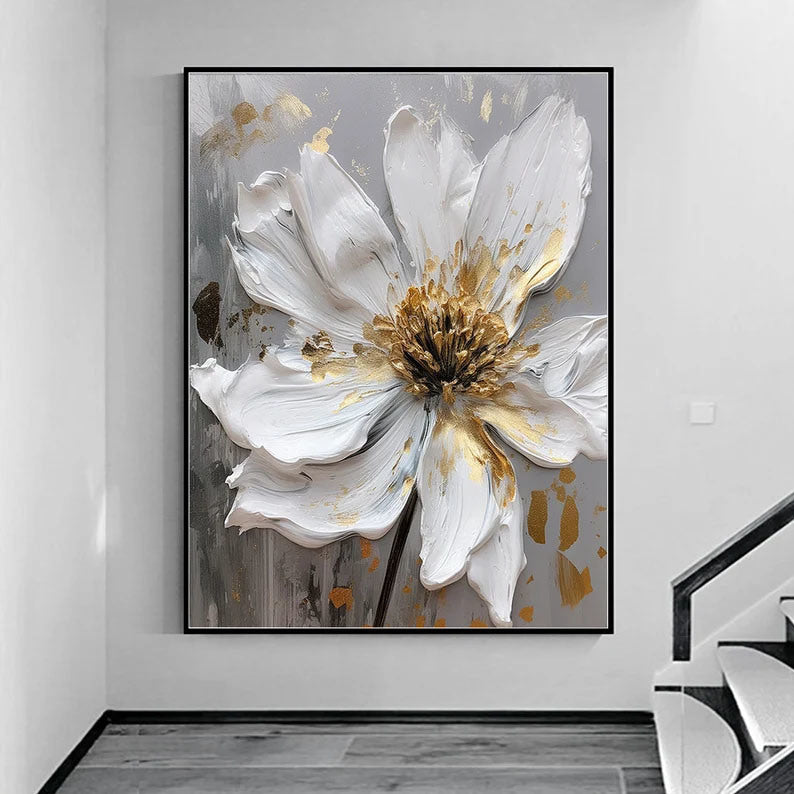 Large Original Gold Flower Oil Painting On Canvas White Flower Wall Decor Gray Flower Canvas Art Luxury Modern Handmade Floral Wall Decor