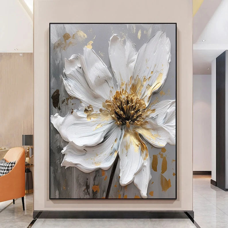 Large Original Gold Flower Oil Painting On Canvas White Flower Wall Decor Gray Flower Canvas Art Luxury Modern Handmade Floral Wall Decor