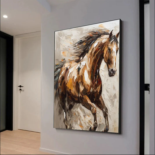 Large Abstract Horse Oil Painting on Canvas 100% Hand Painted Running Horses Art Original Animal Painting,Brown Horse Living Room Home Decor