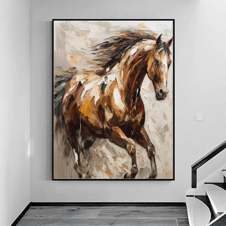 Large Abstract Horse Oil Painting on Canvas 100% Hand Painted Running Horses Art Original Animal Painting,Brown Horse Living Room Home Decor