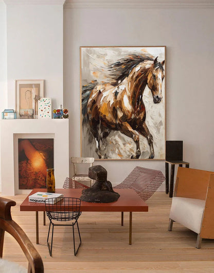 Large Abstract Horse Oil Painting on Canvas 100% Hand Painted Running Horses Art Original Animal Painting,Brown Horse Living Room Home Decor