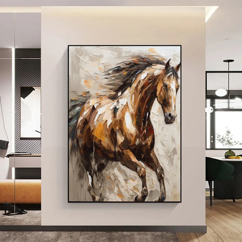 Large Abstract Horse Oil Painting on Canvas 100% Hand Painted Running Horses Art Original Animal Painting,Brown Horse Living Room Home Decor