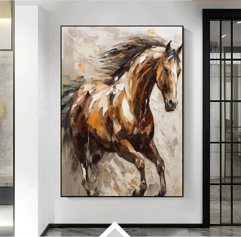 Large Abstract Horse Oil Painting on Canvas 100% Hand Painted Running Horses Art Original Animal Painting,Brown Horse Living Room Home Decor