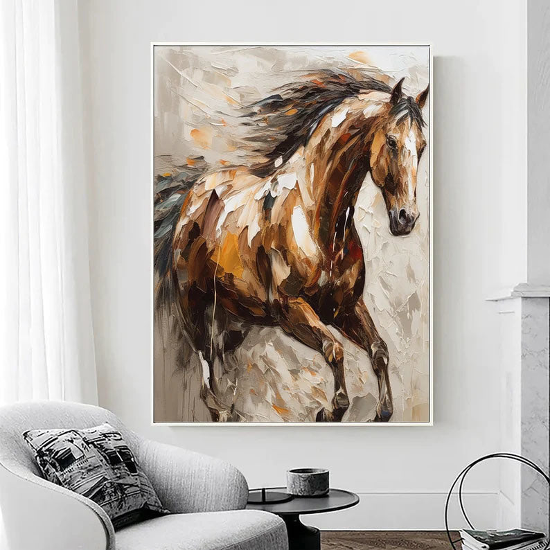 Large Abstract Horse Oil Painting on Canvas 100% Hand Painted Running Horses Art Original Animal Painting,Brown Horse Living Room Home Decor