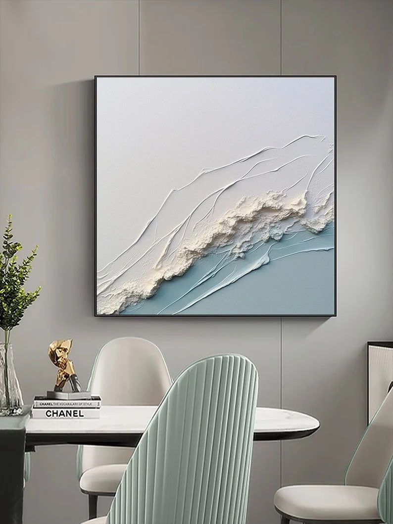 3D White Ocean Wave Oil Painting On Canvas Minimalist White Blue Sea Wave Painting Wabi-Sabi Art Modern Handmade 3D Waves Textured Wall Art