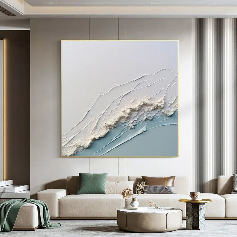 3D White Ocean Wave Oil Painting On Canvas Minimalist White Blue Sea Wave Painting Wabi-Sabi Art Modern Handmade 3D Waves Textured Wall Art