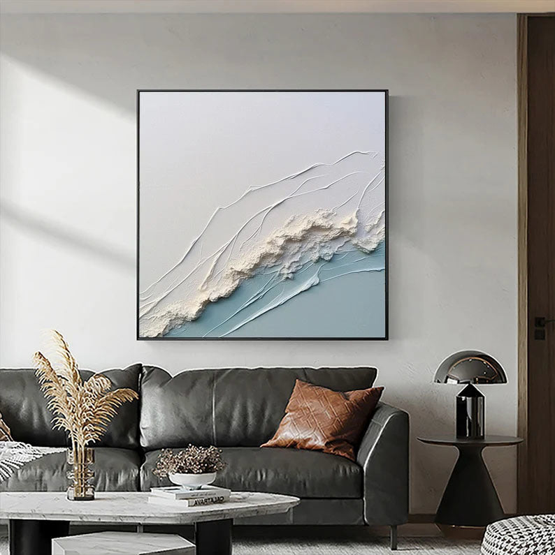 3D White Ocean Wave Oil Painting On Canvas Minimalist White Blue Sea Wave Painting Wabi-Sabi Art Modern Handmade 3D Waves Textured Wall Art