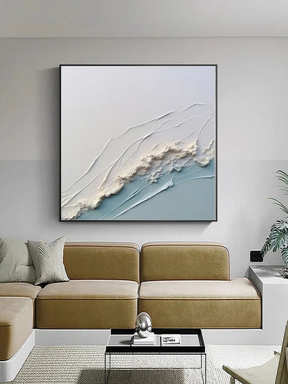 3D White Ocean Wave Oil Painting On Canvas Minimalist White Blue Sea Wave Painting Wabi-Sabi Art Modern Handmade 3D Waves Textured Wall Art