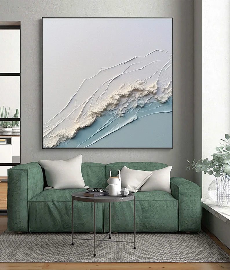 3D White Ocean Wave Oil Painting On Canvas Minimalist White Blue Sea Wave Painting Wabi-Sabi Art Modern Handmade 3D Waves Textured Wall Art