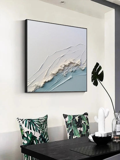 3D White Ocean Wave Oil Painting On Canvas Minimalist White Blue Sea Wave Painting Wabi-Sabi Art Modern Handmade 3D Waves Textured Wall Art