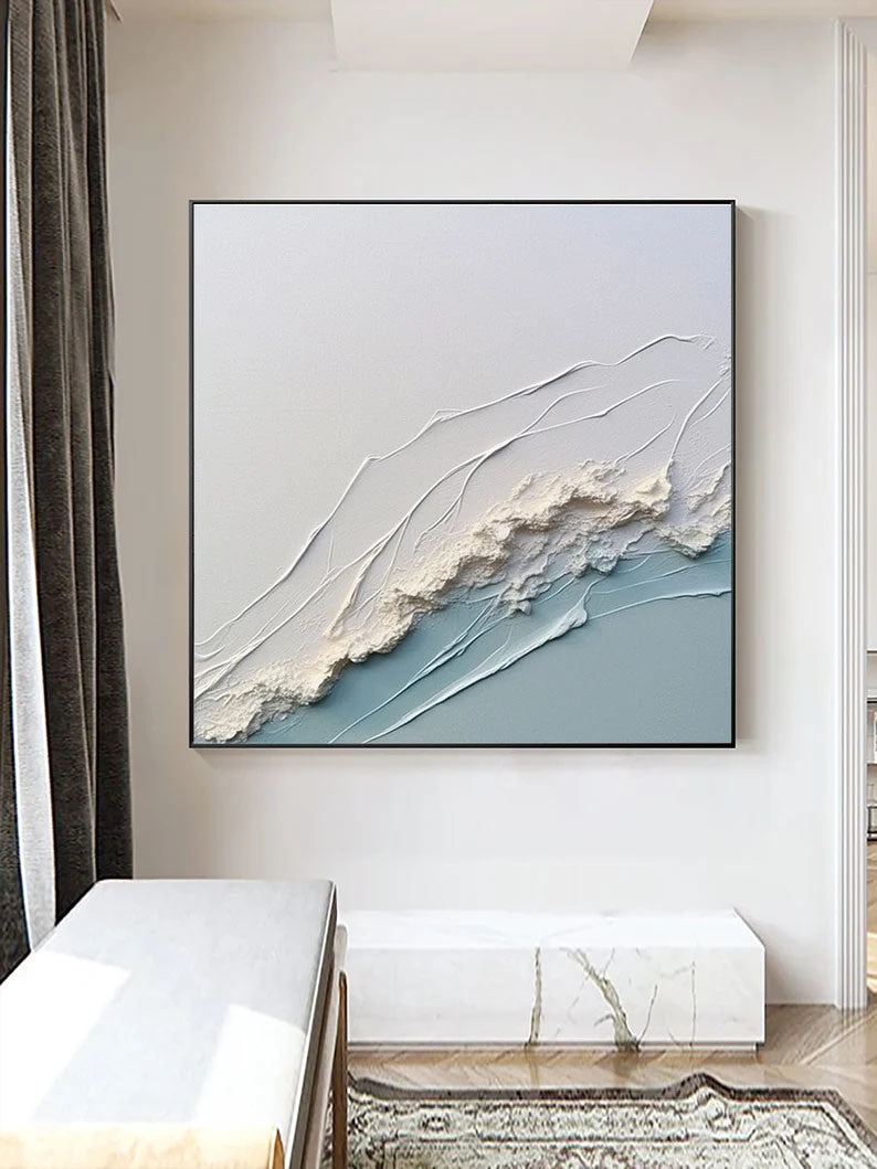 3D White Ocean Wave Oil Painting On Canvas Minimalist White Blue Sea Wave Painting Wabi-Sabi Art Modern Handmade 3D Waves Textured Wall Art