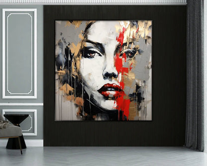 Woman Face 100% Handmade Gold Leaf Portrait Gray Face Red Lipstick Textured Painting Acrylic Abstract Painting Woman Portrait