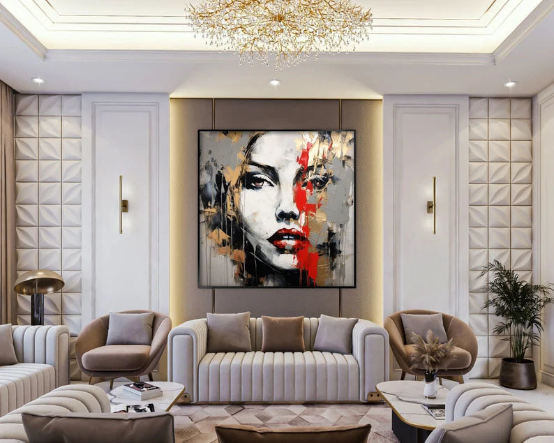 Woman Face 100% Handmade Gold Leaf Portrait Gray Face Red Lipstick Textured Painting Acrylic Abstract Painting Woman Portrait