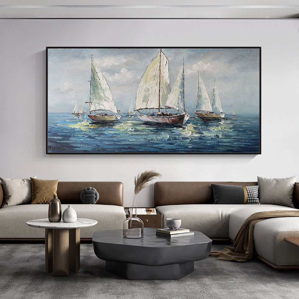 Handmade Oil Painting Abstract Sailboats Canvas Wall Art Original Nautical Painting On Canvas Modern Ocean Wall Art Large Seascape Oil Painting For Living Room