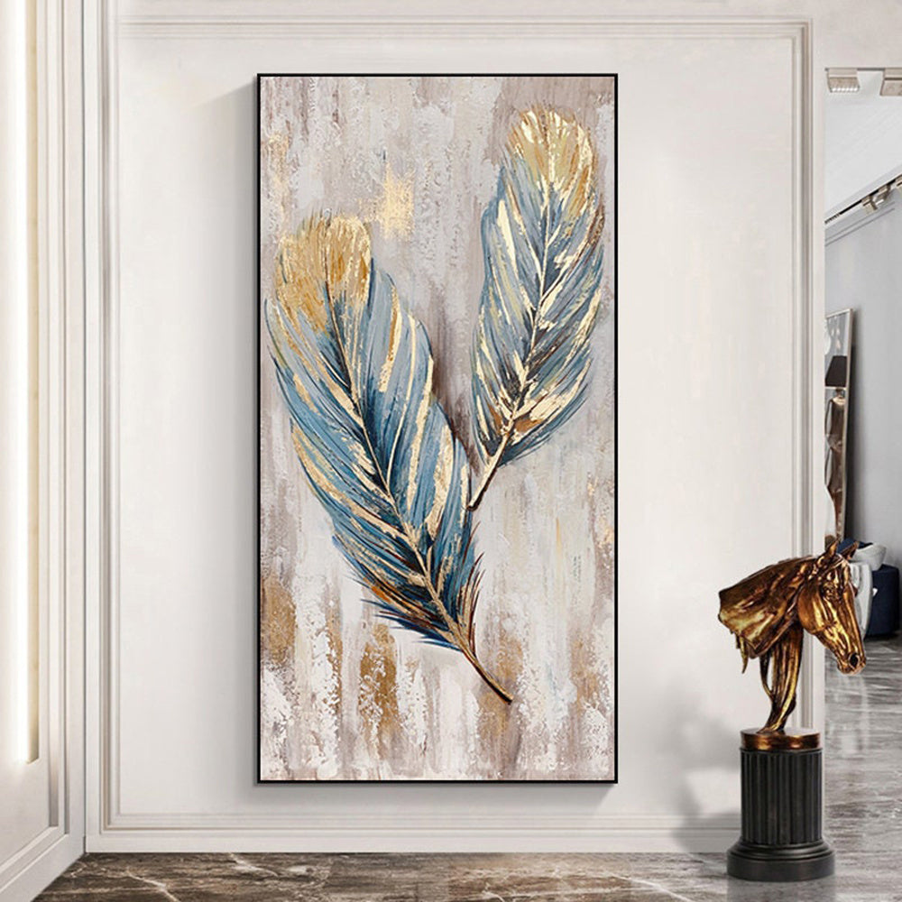 Hand Painted Original Animal Feather Oil Painting On Canvas Abstract Blue And Gold Feather Canvas Wall Art Modern Minimalist Artwork For Living Room