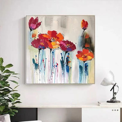 Handmade Oil Painting Abstract Floral Painting Large Canvas Painting Pink Flower Art Texture Colorful Oil Painting White Oversize Room Wall Art Pictures