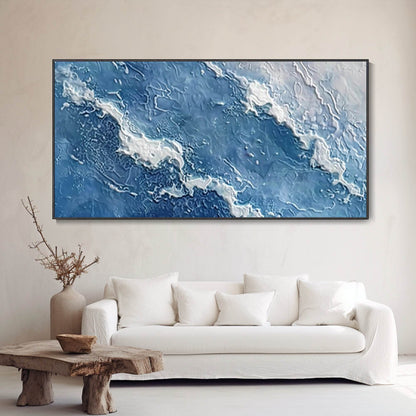 Hand Painted Original Blue Sea White Wave Oil Painting Hand Modern Abstract Texture Art Minimalist Seascape Customizable Living Room Wall Decor Home Gift