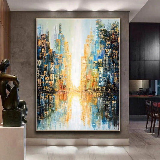 Handmade Oil Painting Abstract Art Colorful Wall Art Skyline New York Cityscape Textured Artwork Yellow Amd Blue Art For Home Decor