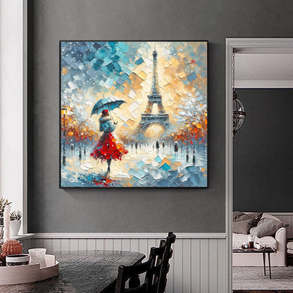 Handmade Oil Painting A Beautiful Woman Street Art Abstract Figure Painting Red And Sky Blue Art Street Scene On Canvas Wall Art For Home Decor