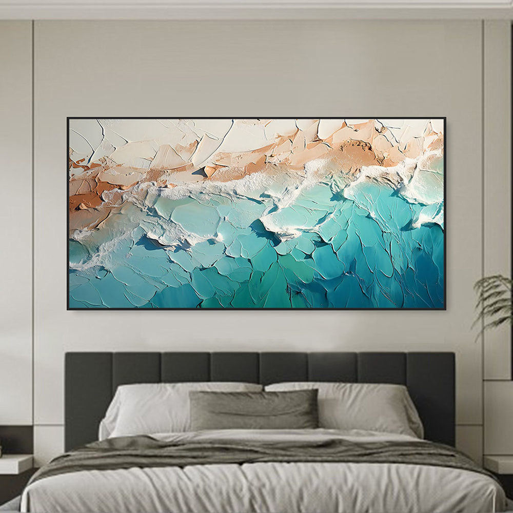 Handmade Oil Painting Teal Minimalist Beach Painting Textured Wall Art Ocean Wave Painting On Canvas Wall Art Living Room Painting Fashion Decor