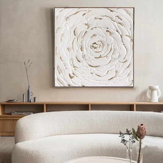 Handmade Oil Painting Flower Abstract Painting Texture Painting Gold Leaf Painting White Abstract Painting Plaster Art Gold Abstract Painting Wall Art For Home Decor