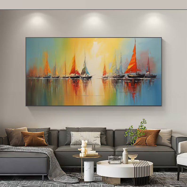 Abstract Nautical Oil Painting On Canvas Large Wall Art Original Sunset Ocean Landscape Art Custom Painting Minimalist Living Room Decor