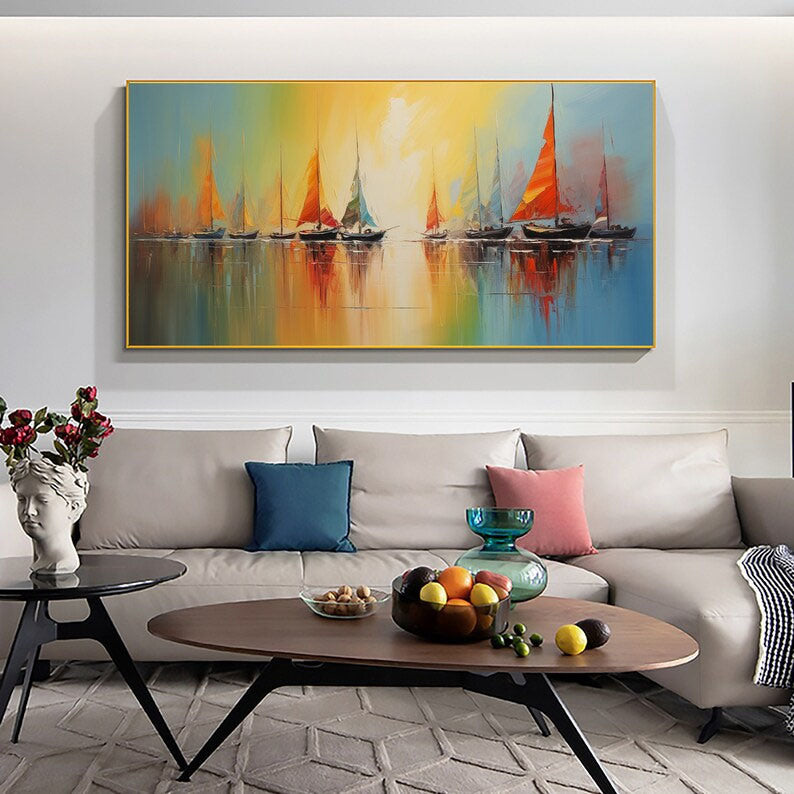 Abstract Nautical Oil Painting On Canvas Large Wall Art Original Sunset Ocean Landscape Art Custom Painting Minimalist Living Room Decor