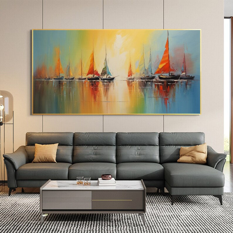 Abstract Nautical Oil Painting On Canvas Large Wall Art Original Sunset Ocean Landscape Art Custom Painting Minimalist Living Room Decor