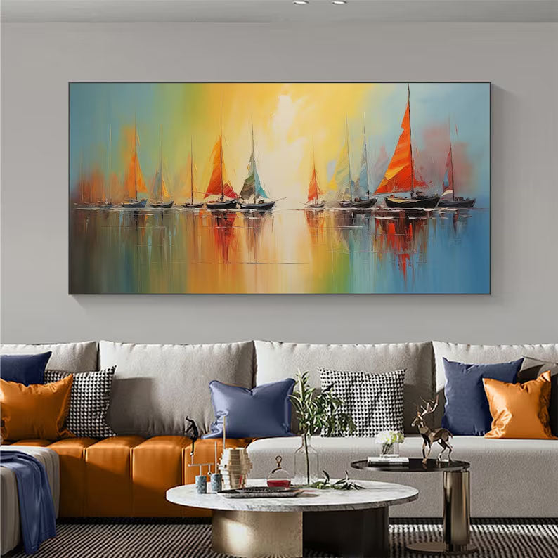 Abstract Nautical Oil Painting On Canvas Large Wall Art Original Sunset Ocean Landscape Art Custom Painting Minimalist Living Room Decor