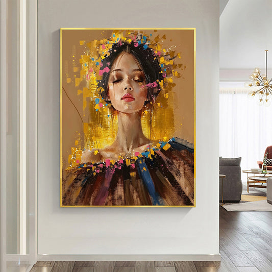 Hand Painted Colorful Abstract Woman Portrait Oil Painting On Canvas Original Textured Painting Modern Gold Wall Art Living Room Wall Decor Personalized Gifts