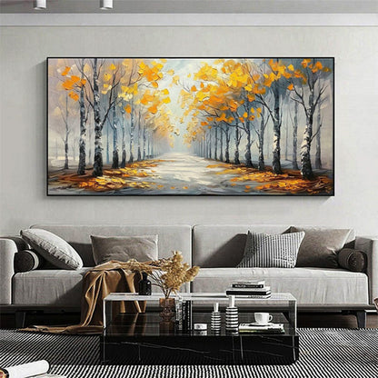 Hand Painted Abstract Forest Road Oil Painting On Canvas Large Original Textured Yellow Tree Landscape Wall Art Custom Modern Trendy Living Room Decor