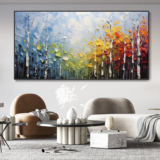 Hand Painted Large Original Canvas Oil Painting Wall Decor Blue Sky And Colorful Forest Painting Living Room Art Hand Textured Painting Bedroom Decor